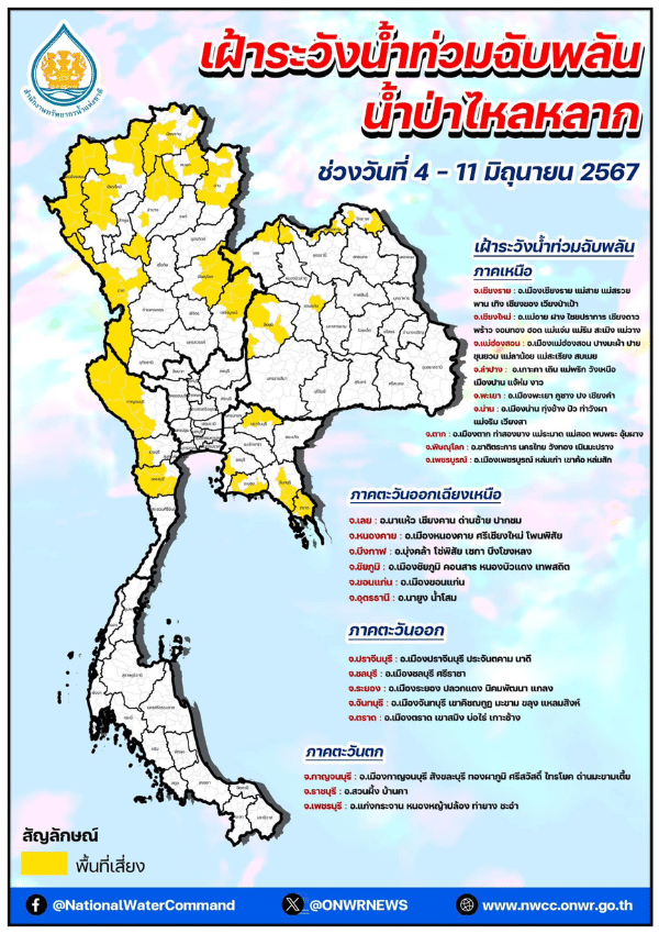 สทนช. เตือน 4-11 มิ.ย 67 ระวังน้ำท่วมฉับพลัน น้ำป่าไหลหลาก