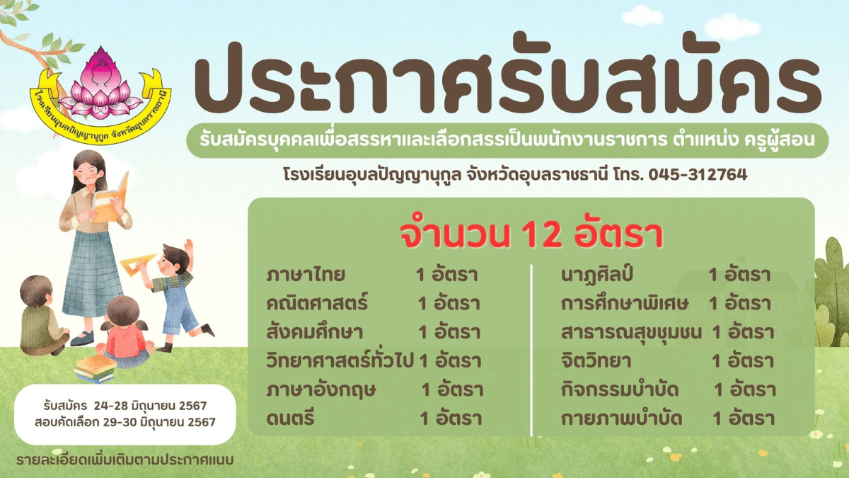 [งานราชการ] รับสมัครพนักงานราชการ (ครู) โรงเรียนอุบลปัญญานุกูล 12 อัตรา